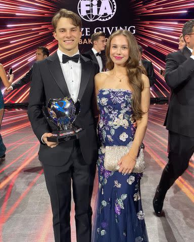 <p>Oscar Piatri Instagram</p> Oscar Piatri and Lily Zneimer pose for a picture at the 2023 FIA Awards.
