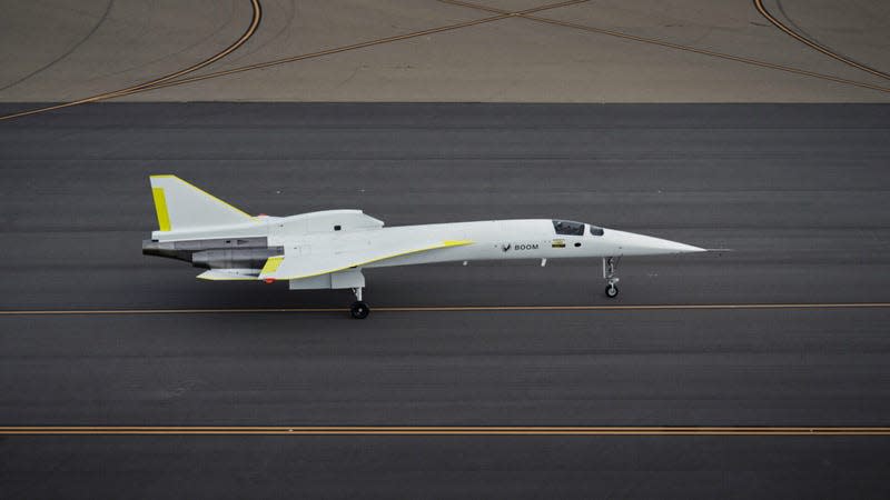 The demonstrator aircraft on the ground. - Photo: <a class="link " href="https://boomsupersonic.com/flyby/inaugural-first-flight-xb1-supersonic-demonstrator?utm_source=Boom+General+Newsletter&utm_campaign=b9d57a082e-EMAIL_CAMPAIGN_2022_07_14_01_08_COPY_01&utm_medium=email&utm_term=0_41b28c06ec-b9d57a082e-65795870" rel="nofollow noopener" target="_blank" data-ylk="slk:Boom Supersonic;elm:context_link;itc:0;sec:content-canvas">Boom Supersonic</a>