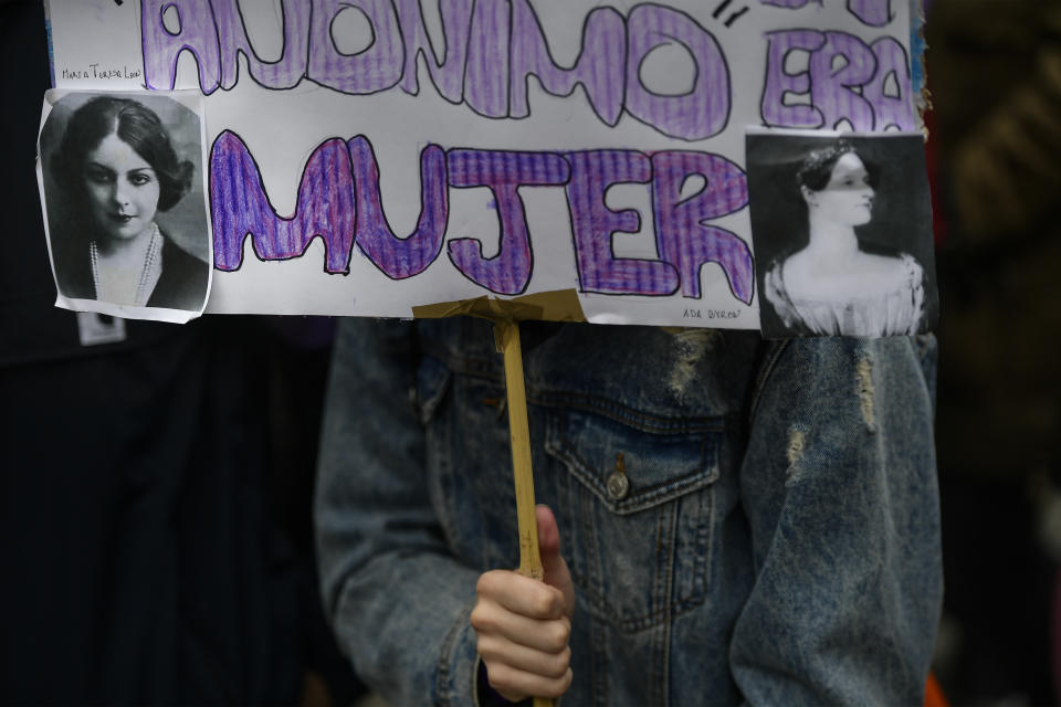 <p>Demonstrators protest male violence against women and demand equality in labor opportunities as one holds a small banner reading ”Anonymous Woman” during the general women’s strike to commemorate International Women’s Day, in Pamplona, northern Spain, Thursday, March 8, 2018. (Photo: Alvaro Barrientos/AP) </p>