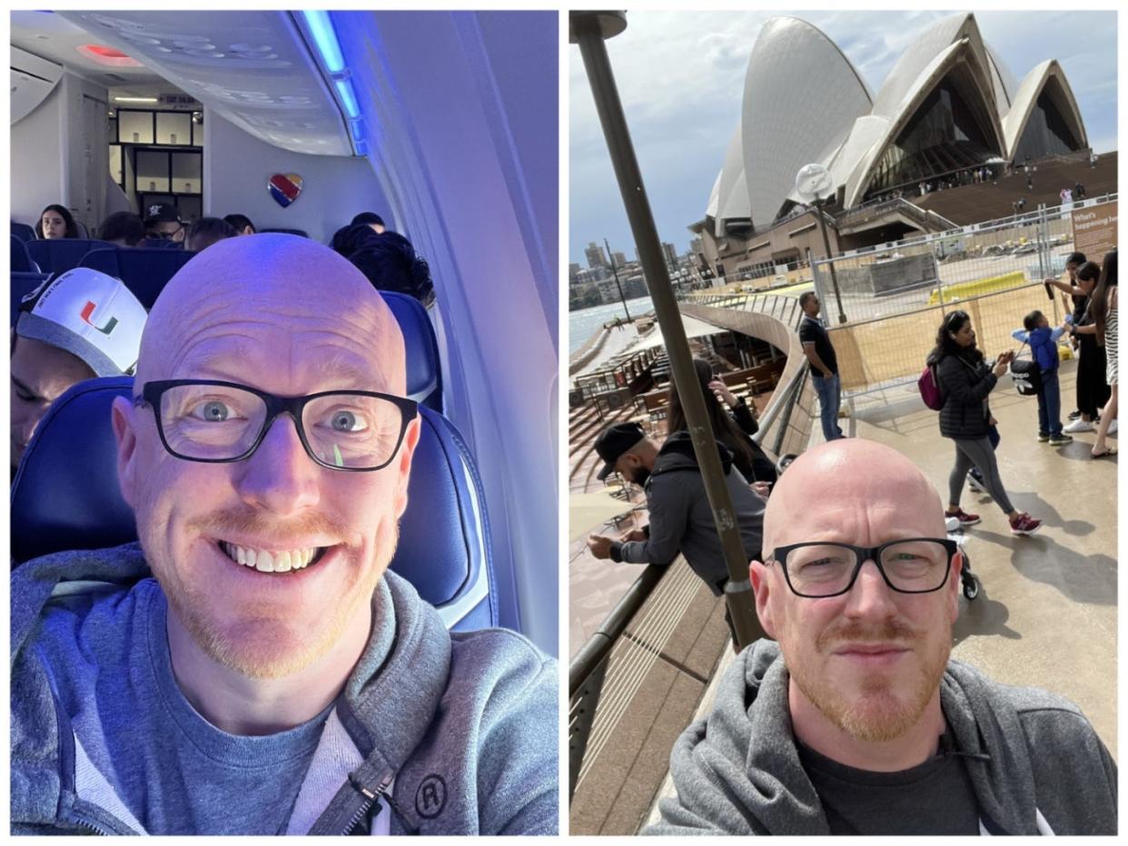 Two pictures of a man. Left, in a plane. Right, in front of Sydney opera house.