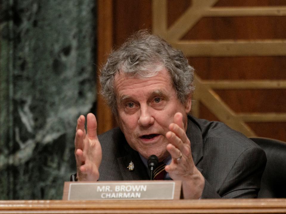 Committee Chair Senator Sherrod Brown (D-OH) queries the witness during the Senate Banking, Housing and Urban Affairs Hearing to examine the President's Working Group on Financial Markets report on Stablecoins in Washington, D.C, U.S., February 15, 2022.