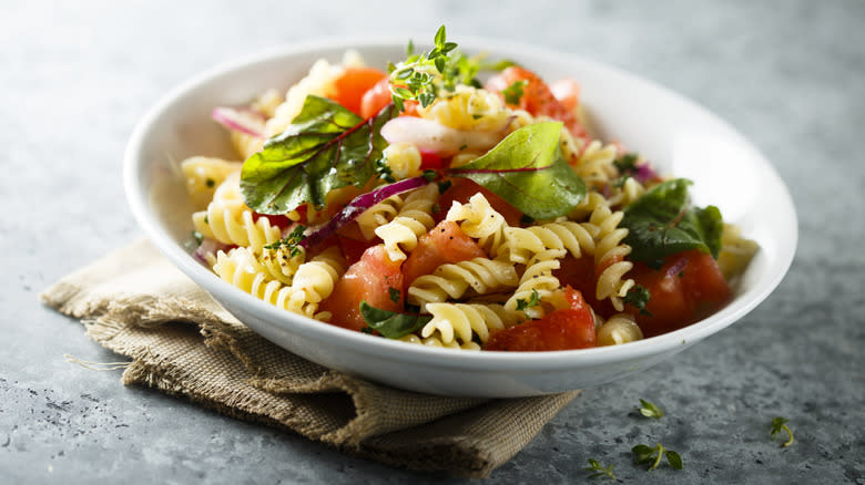 Pasta salad in white bowl