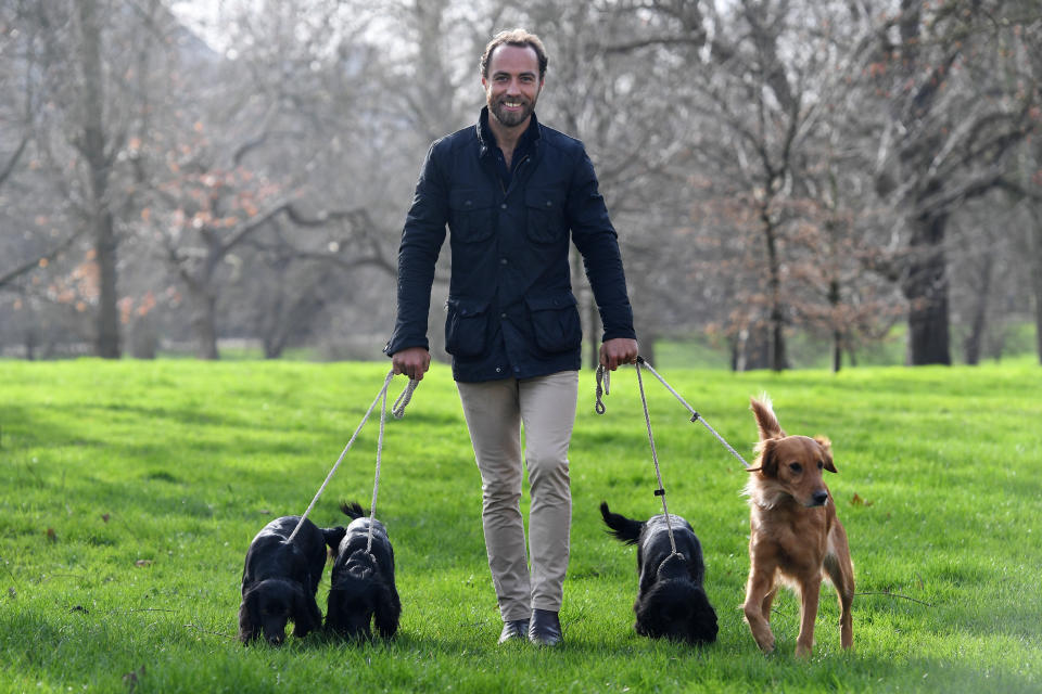 Ambassador for the Friends for Life award James Middleton poses for a photograph with his dogs Inka, Luna, Ella and Mabel at a launch event for this year's Crufts and Friends for Life in Green Park, London. (Photo by Kirsty O'Connor/PA Images via Getty Images)