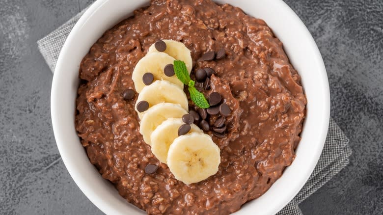 Top-down view of creamy chocolate banana oatmeal