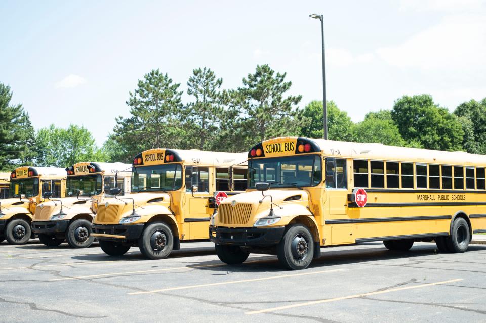 Marshall Public Schools bus fleet parked at Marshall High School on Friday, July 7, 2023.