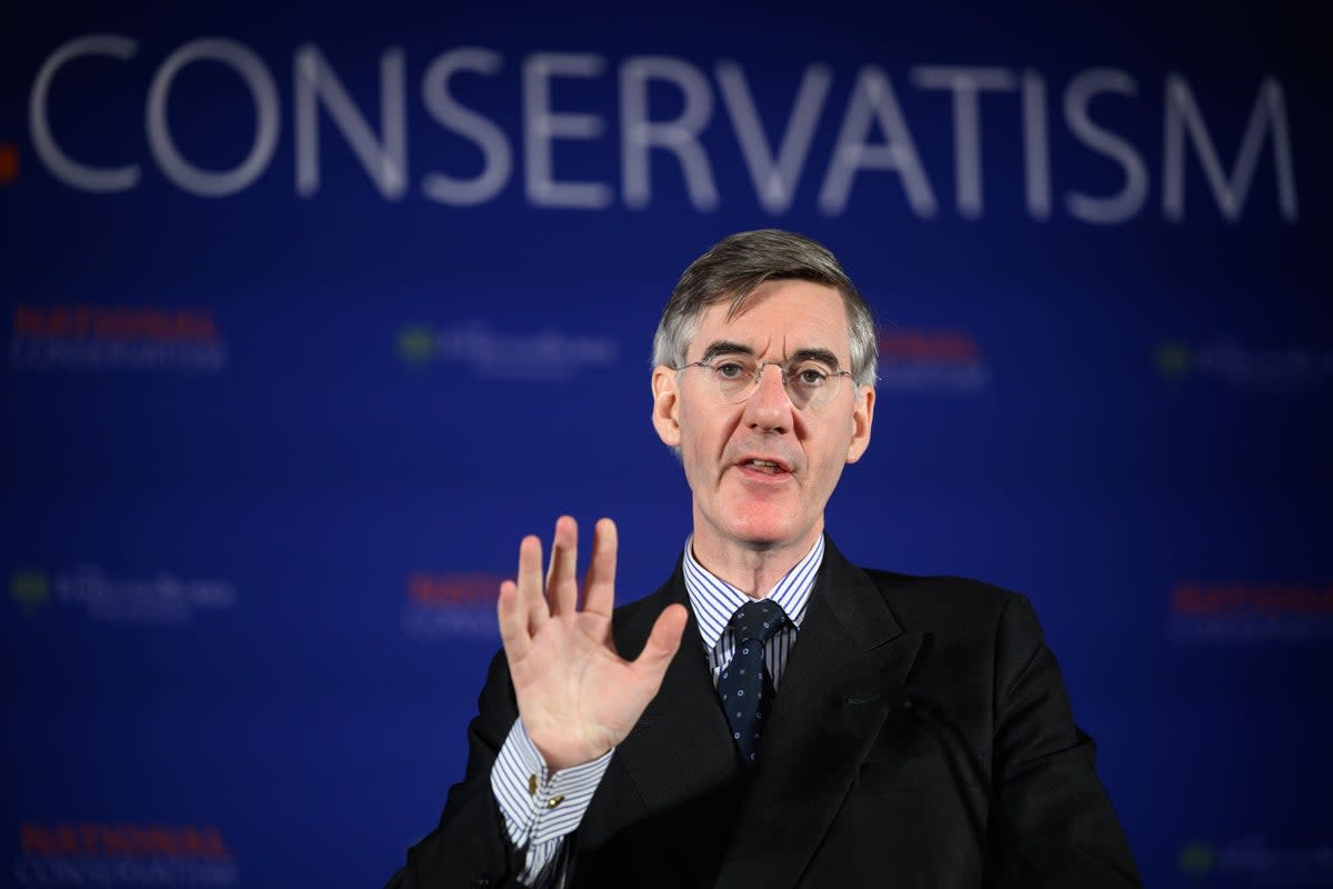 Conservative MP Jacob Rees-Mogg delivers his keynote address during the National Conservatism conference. (Getty)