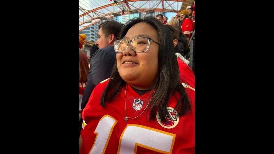 Ny Tran, 29, enjoyed the excitement at Sunday’s Super Bowl watch party in Kansas City’s Power & Light District. She predicted a 27-14 Chiefs victory. 