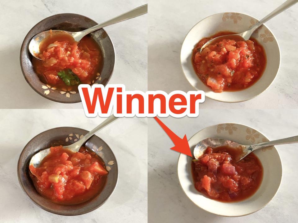 Four pictures of Tyler Florence's, Giada De Laurentiis', Alex Guarnaschelli's, and Ina Garten's marinara sauces with arrow and "Winner" text pointing to Garten's