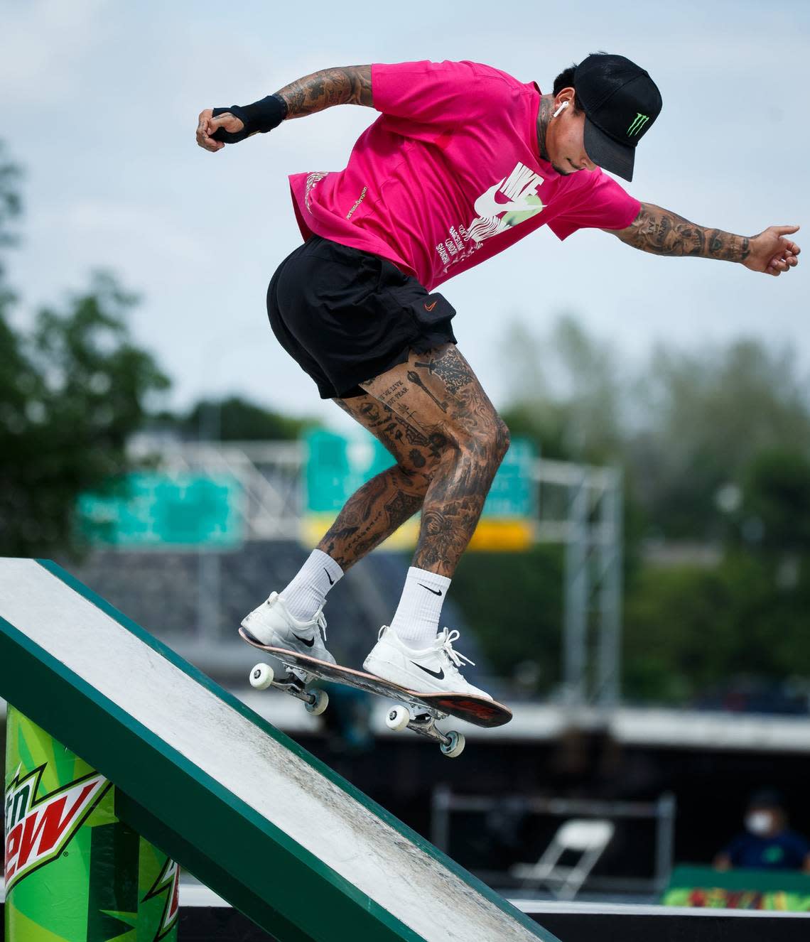 Nyjah Houston competes in the men’s street final round of the Dew Tour at the Lauridsen Skatepark on May 23, 2021, in Des Moines