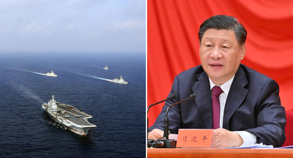 Pictured is a Chinese operational aircraft carrier and Xi Jinping on the right.