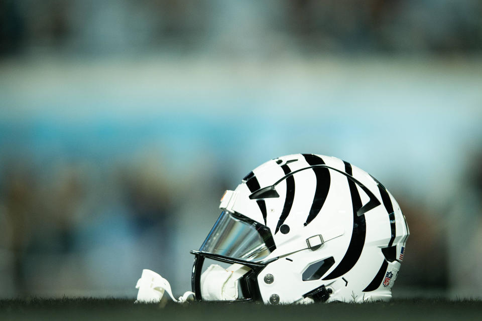 Dec 4, 2023; Jacksonville, Florida, USA; Cincinnati Bengals helmet before the game against the Jacksonville Jaguars at EverBank Stadium. Mandatory Credit: Jeremy Reper-USA TODAY Sports