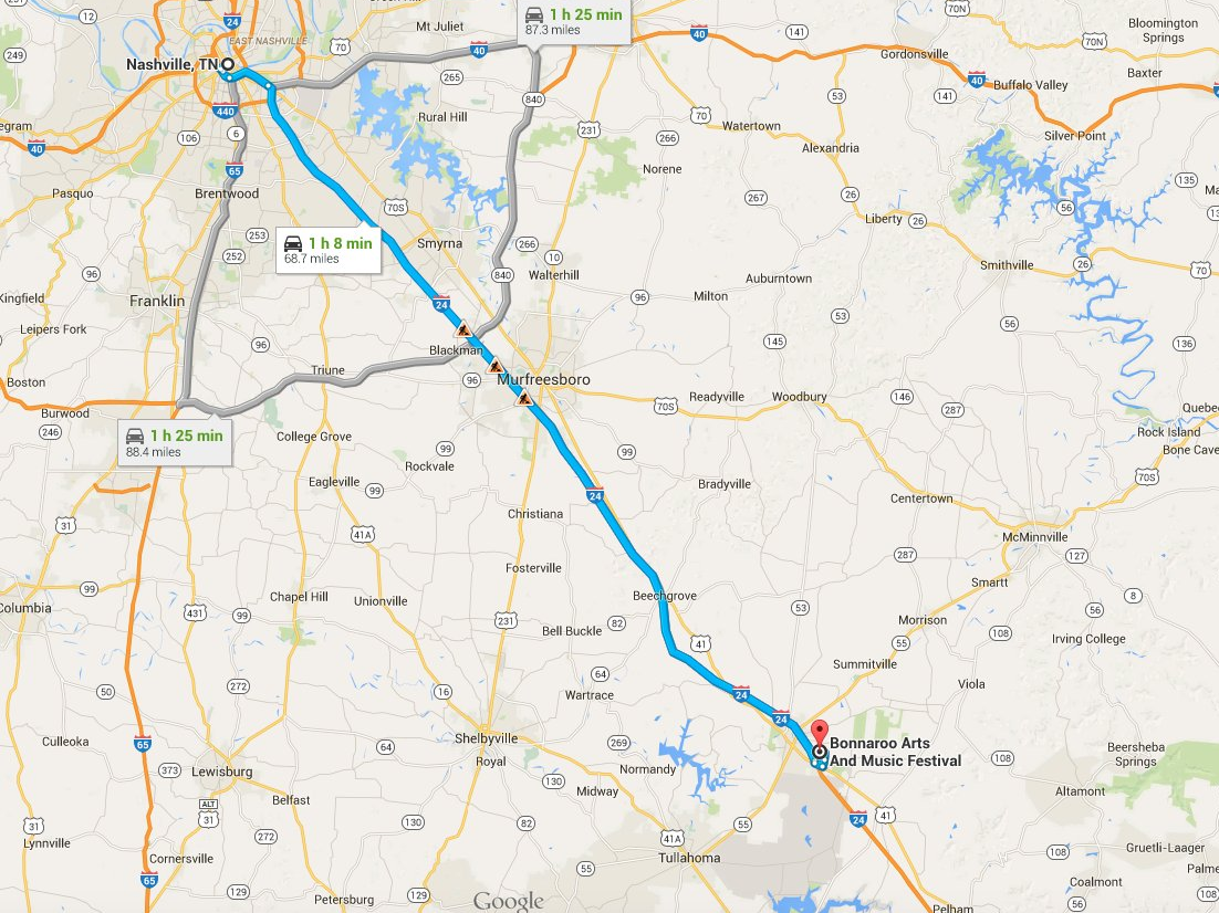 Driving from Nashville to Bonnaroo takes about 90 minutes