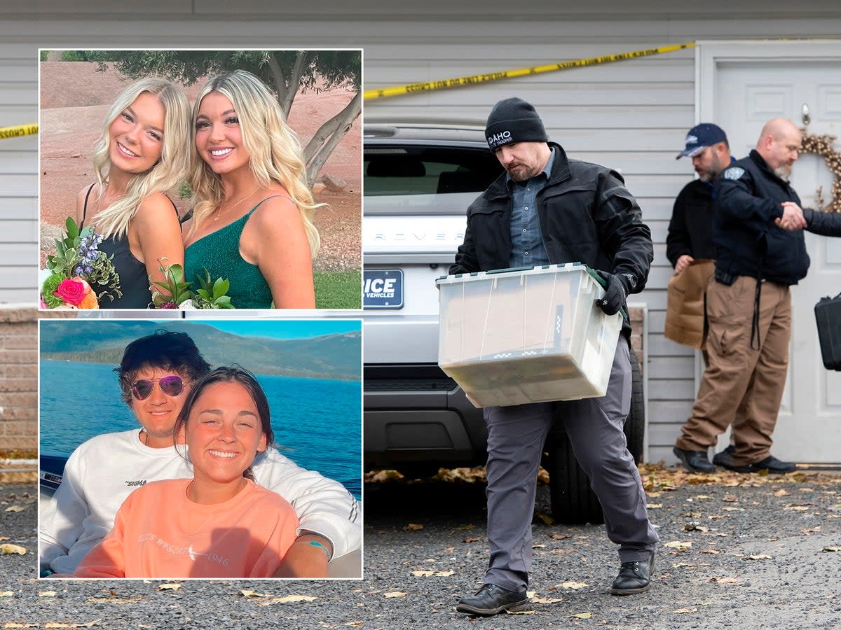 Madison Mogen, Kaylee Goncalves (top left), Xana Kernodle and Ethan Chapin (bottom left), were found butchered in their home (right)  (Jazzmin Kernodl/The Moscow-Pullman Daily New/AP)