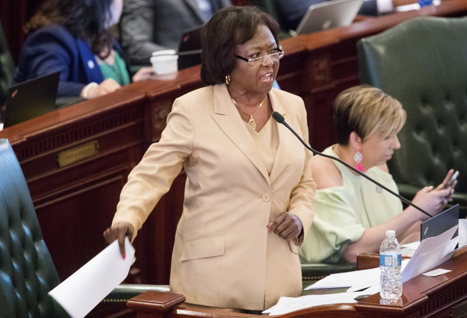 Illinois state Rep. Mary Flowers, D-Chicago, speaks against the bill to legalize recreational marijuana use in the Illinois House chambers Friday, May 31, 2019. Flowers voted against the bill that passed the House 66-47. (Ted Schurter/The State Journal-Register via AP)