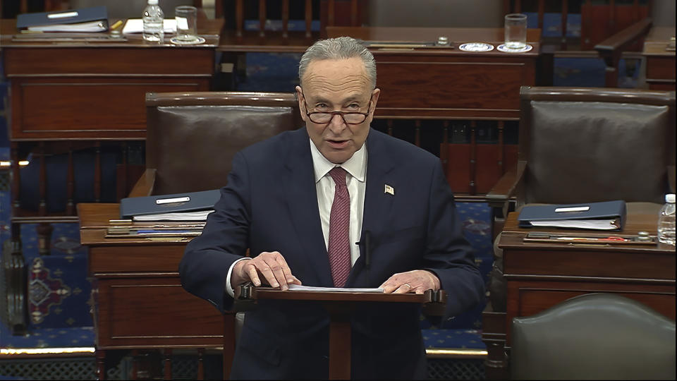In this image from video, Senate Majority Leader Chuck Schumer of N.Y., speaks after the Senate acquitted former President Donald Trump in his second impeachment trial in the Senate at the U.S. Capitol in Washington, Saturday, Feb. 13, 2021. Trump was accused of inciting the Jan. 6 attack on the U.S. Capitol, and the acquittal gives him a historic second victory in the court of impeachment. (Senate Television via AP)