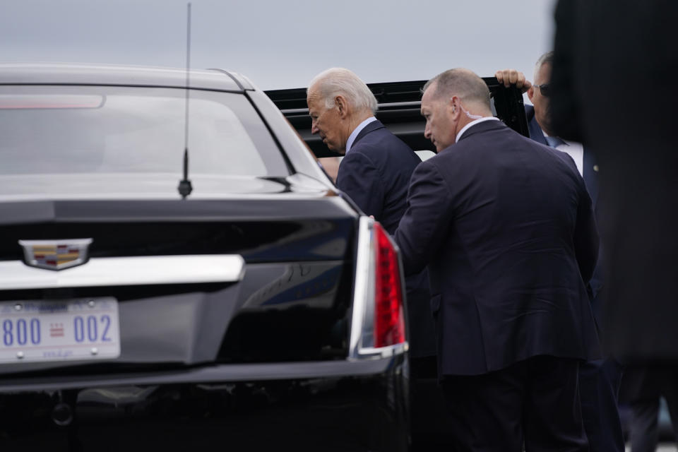 President Joe Biden arrives at Boston Logan International Airport to attend several campaign fundraisers, Tuesday, Dec. 5, 2023, in Boston. (AP Photo/Evan Vucci)