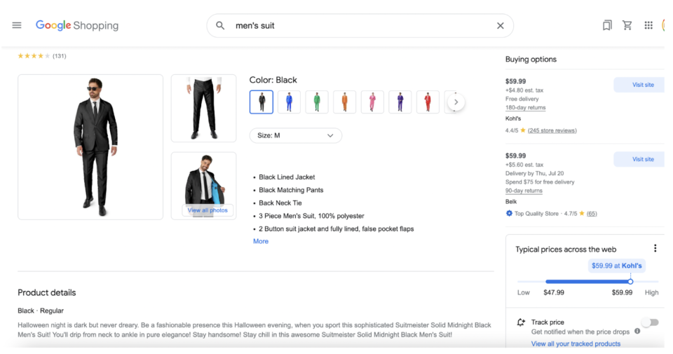 Screenshot from Google Shopping