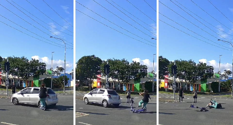 The girls on the scooter colliding with the silver car (left), the girls being flung onto the road (middle) and the girls lying on the road (right).