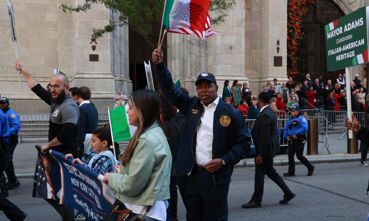 New York City Mayor Eric Adams marches during the 78th Annual Columbus Day Parade as it returns to Fifth Avenue in Manhattan, New York on Monday, Oct. 10, 2022.