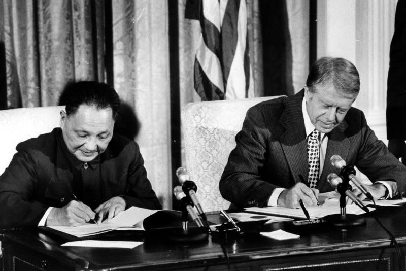 On January 29, 1979, Deng Xiaoping, deputy premier of China, and U.S. President Jimmy Carter signed accords reversing decades of U.S. opposition to the People's Republic of China. UPI File Photo