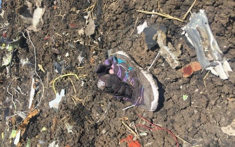 A shoe and other debris lie on the ground of the crash site