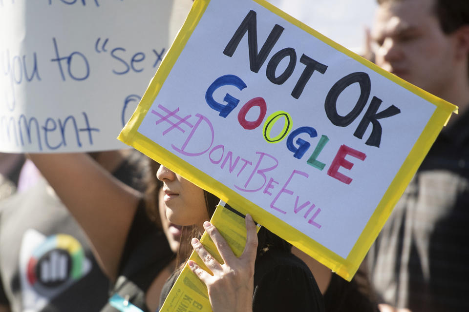 Workers protest against Google's handling of sexual misconduct allegations at the company's Mountain View, Calif., headquarters on Thursday, Nov. 1, 2018. (AP Photo/Noah Berger)