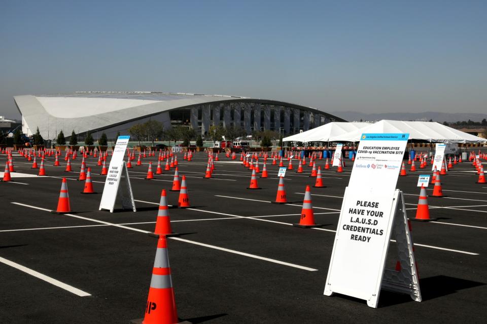 SoFi Stadium in Inglewood will begin vaccinating LAUSD teachers and staff on Monday.