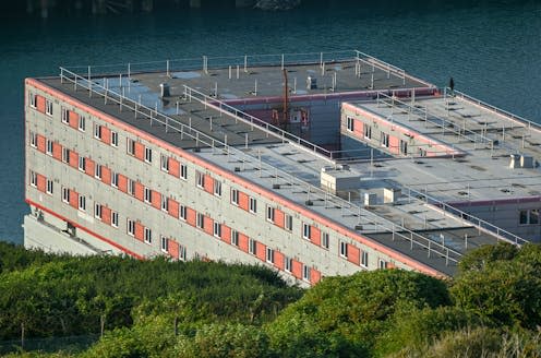 <span class="caption">The Bibby Stockholm accommodation barge has been the site of a legionella outbreak and other unsafe living conditions.</span> <span class="attribution"><a class="link " href="https://www.shutterstock.com/image-photo/dorset-uk-july-23-2023-barge-2347595101" rel="nofollow noopener" target="_blank" data-ylk="slk:Ajit Wick/Shutterstock;elm:context_link;itc:0;sec:content-canvas">Ajit Wick/Shutterstock</a></span>