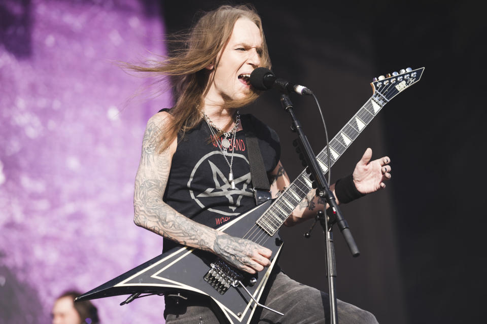 MADRID, SPAIN - JUNE 28: Alexi Laiho of Children of Bodom performs on stage during day 1 of Download festival 2019 at La Caja Magica on June 28, 2019 in Madrid, Spain. (Photo by Mariano Regidor/Redferns)