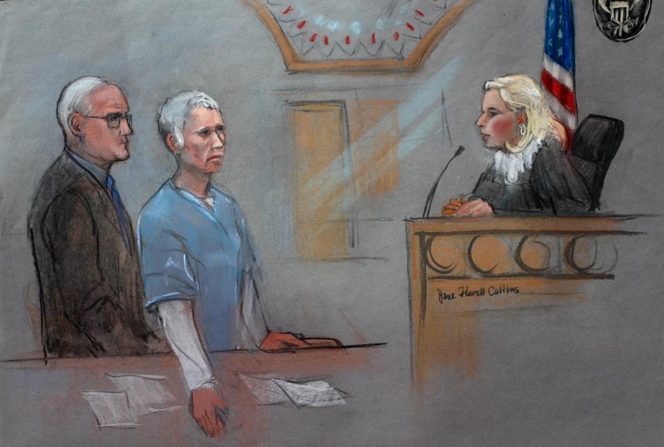 In this courtroom sketch, Catherine Greig, center, the longtime girlfriend of the late mob boss Whitey Bulger, is depicted with her lawyer Kevin Reddington, left, before U.S. District Court Magistrate Judge Marianne Bowler, right, during a hearing Monday, Oct. 19, 2015, in federal court in Boston.