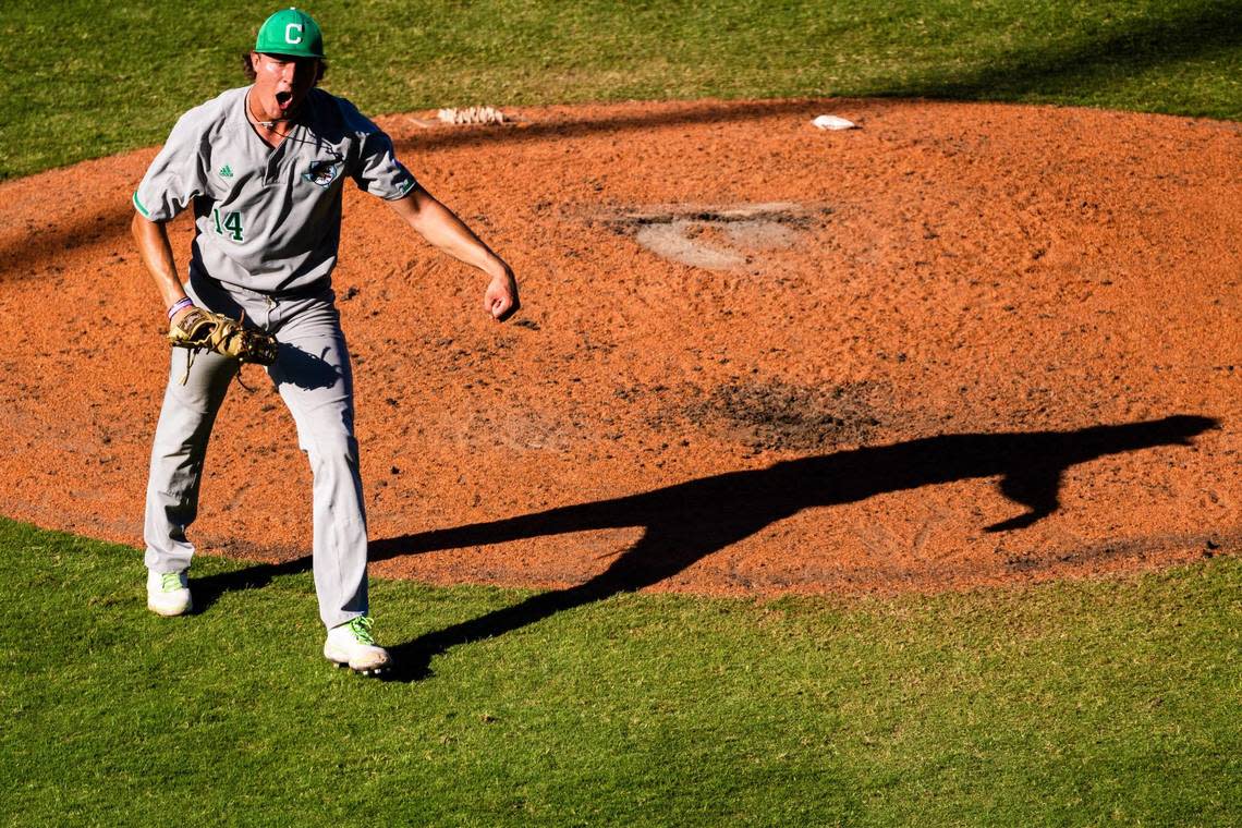 Griffin Herring celebrates the third out of the 6th during the UIL 6A baseball state semifinal between Southlake Carroll and Fort Bend Ridge Point at Dell Diamond in Round Rock on June 10, 2022.