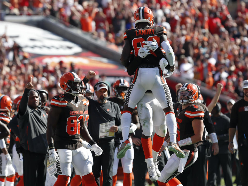 <p>Cleveland Browns wide receiver Jarvis Landry (80) is lifted up by teammates after Landry scored against the Tampa Bay Buccaneers during the second half of an NFL football game Sunday, Oct. 21, 2018, in Tampa, Fla. (AP Photo/Mark LoMoglio) </p>