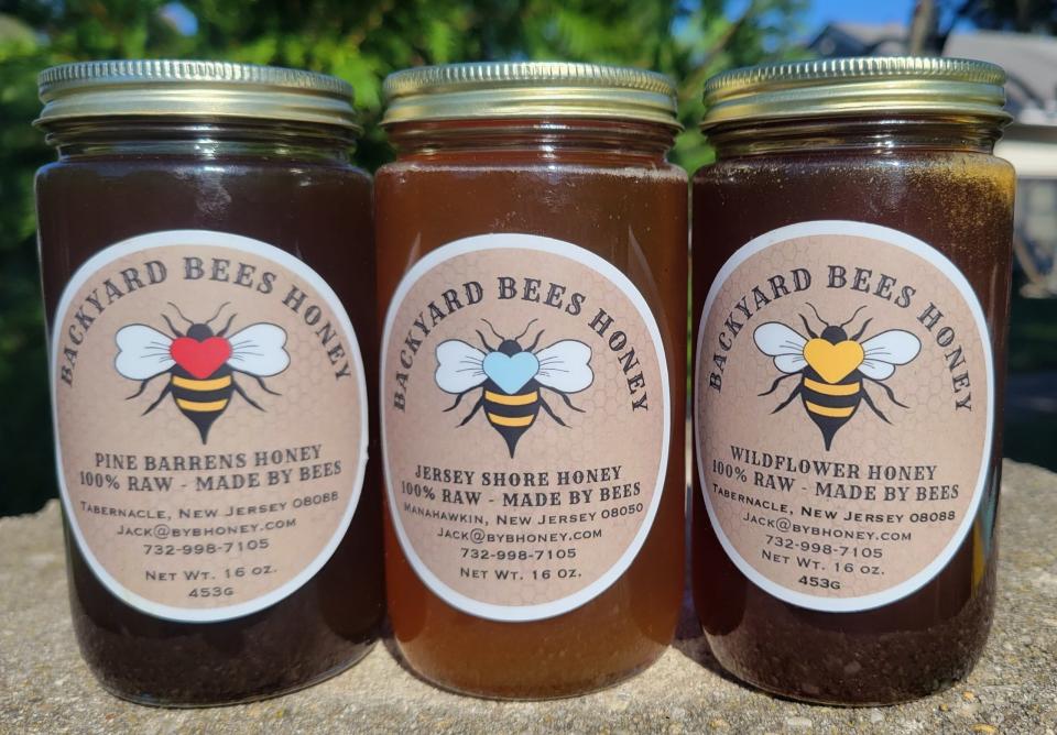 Jersey Shore Honey, Wild Flower Honey, and Pine Barrens Honey from Backyard Bees Honey, sourced in Manahawkin and Tabernacle.