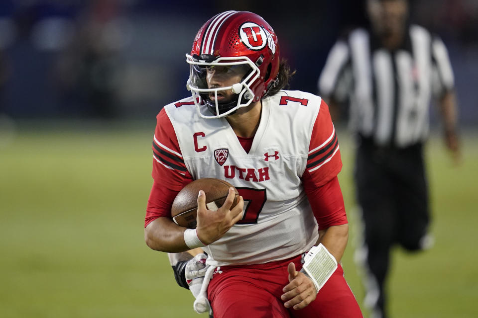 Utah quarterback Cameron Rising (7) runs the ball during the second half of an NCAA college football game against San Diego State Saturday, Sept. 18, 2021, in Carson, Calif. (AP Photo/Ashley Landis)