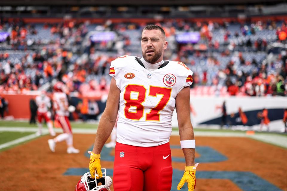 Kelce winking at the camera during warm ups prior to the Denver Broncos vs. Kansas City Chiefs game on October 29, 2023 in Denver, Colorado