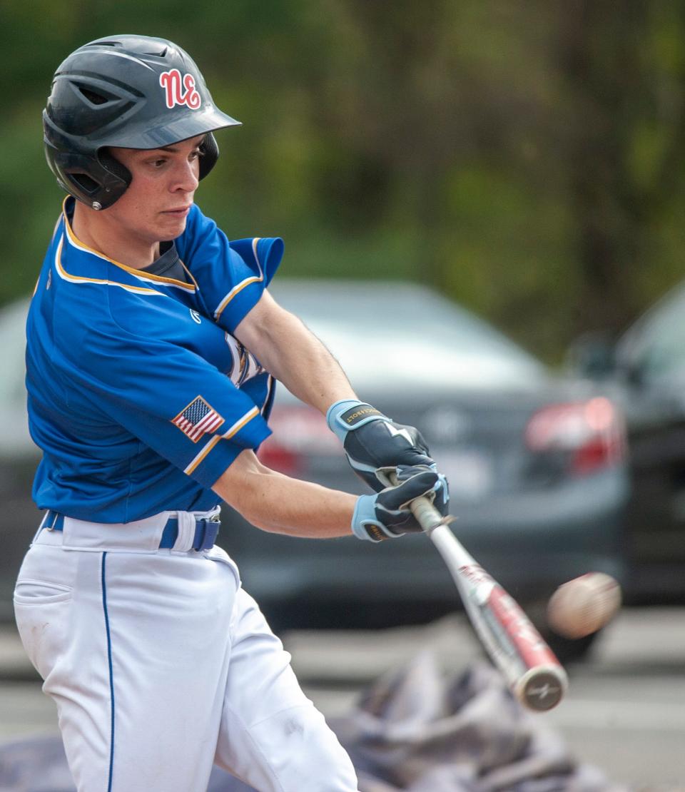 Assabet Valley senior Andrew Talcoff connects at the plate against Blackstone Valley Tech, May 6, 2024.