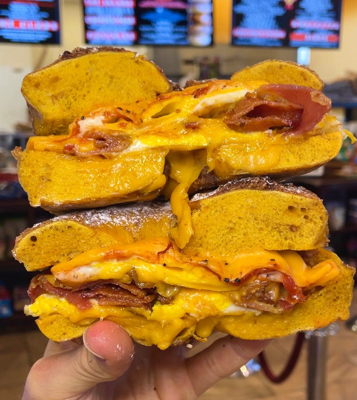 Bacon, Egg and Cheese Sandwich on a French Toast Bagel at Brooklyn Bagel.