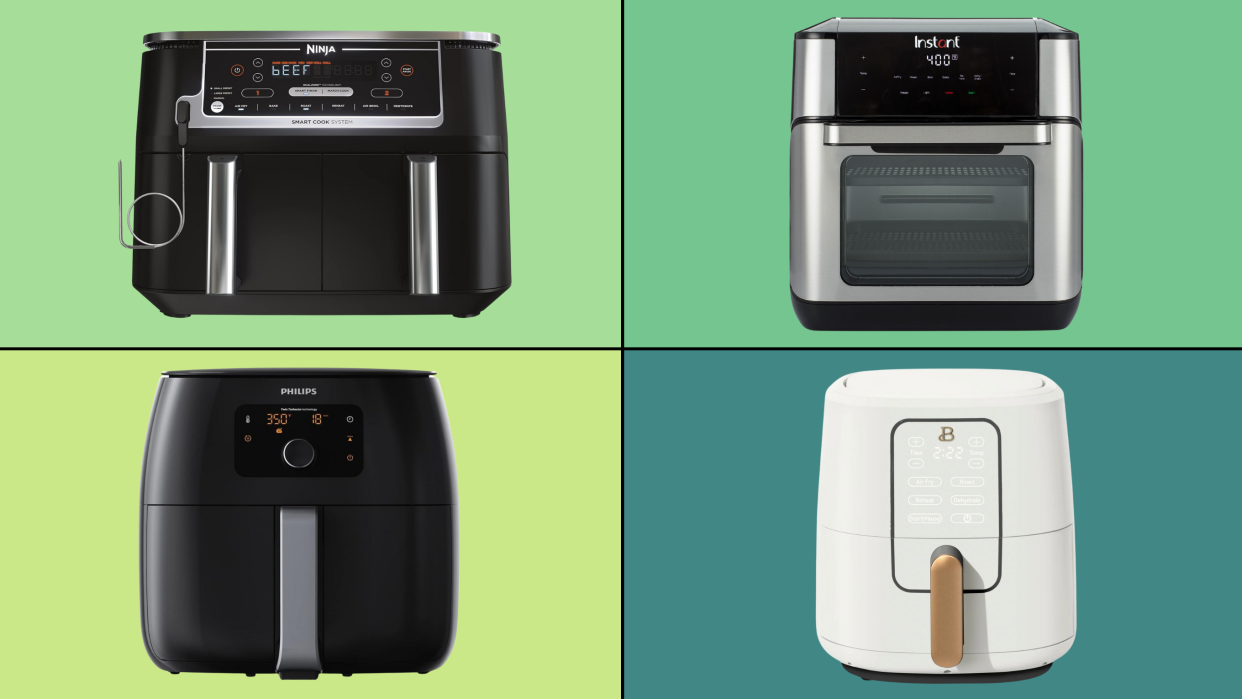 collage of air fryers on green background, 14 best air fryers in 2024 under $100, $200 and $300, according to reviewers and shopping experts (Photos via Amazon, Walmart and Best Buy Canada).