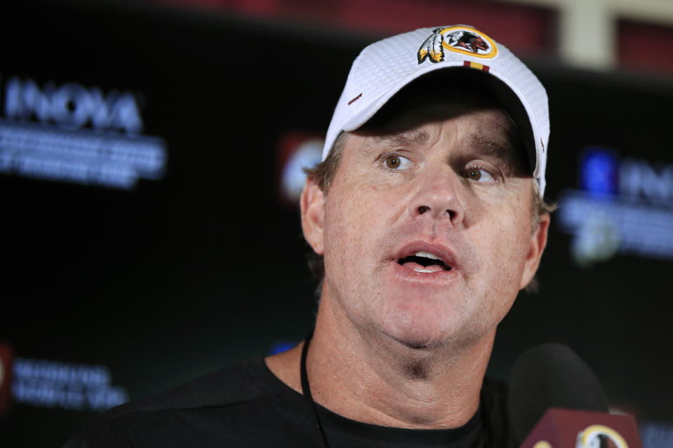 Washington Redskins head coach Jay Gruden speaks to reporters following an NFL football minicamp at Redskins Park in Ashburn, Va., Wednesday, June 5, 2019. (AP Photo/Manuel Balce Ceneta)