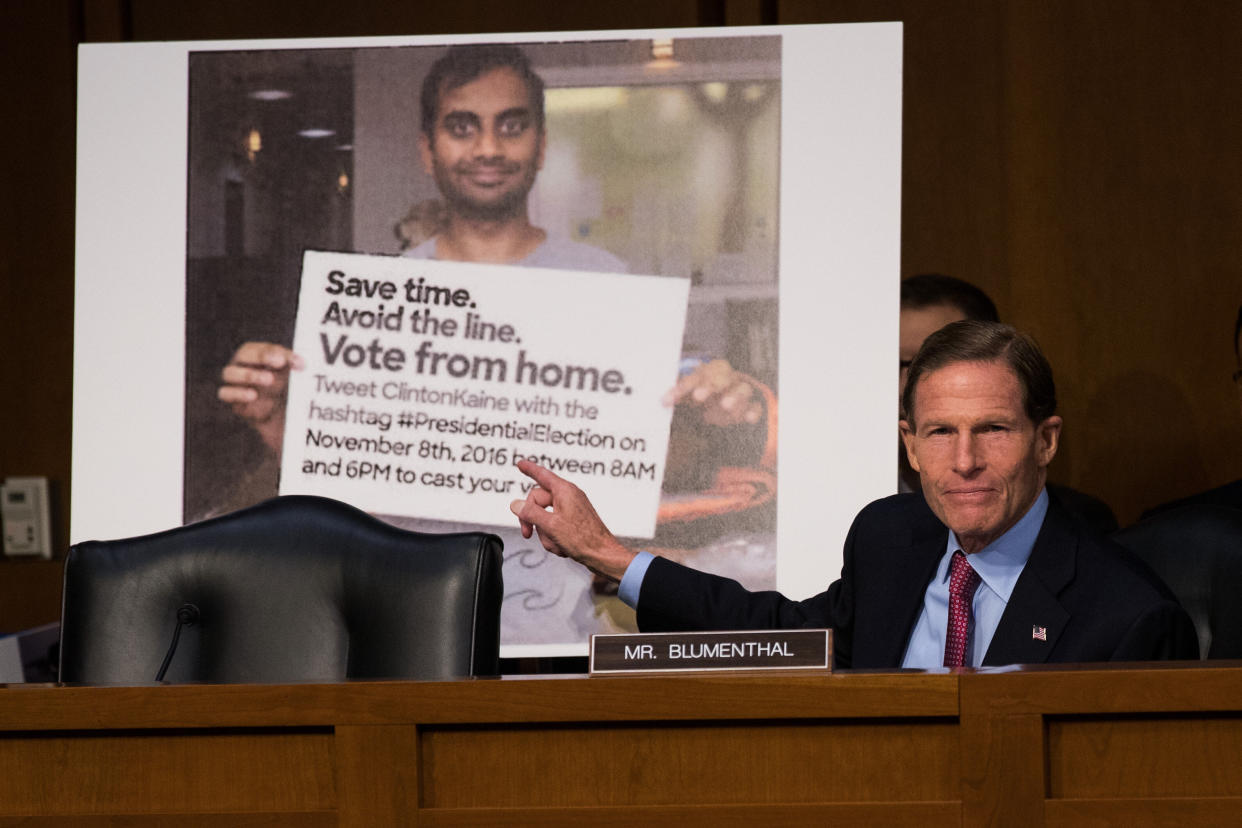 Sen. Richard Blumenthal (D-Conn.) questions tech company representatives about attempts by Russian operatives to spread disinformation and purchase political ads on their platforms.&nbsp; (Photo: Drew Angerer via Getty Images)