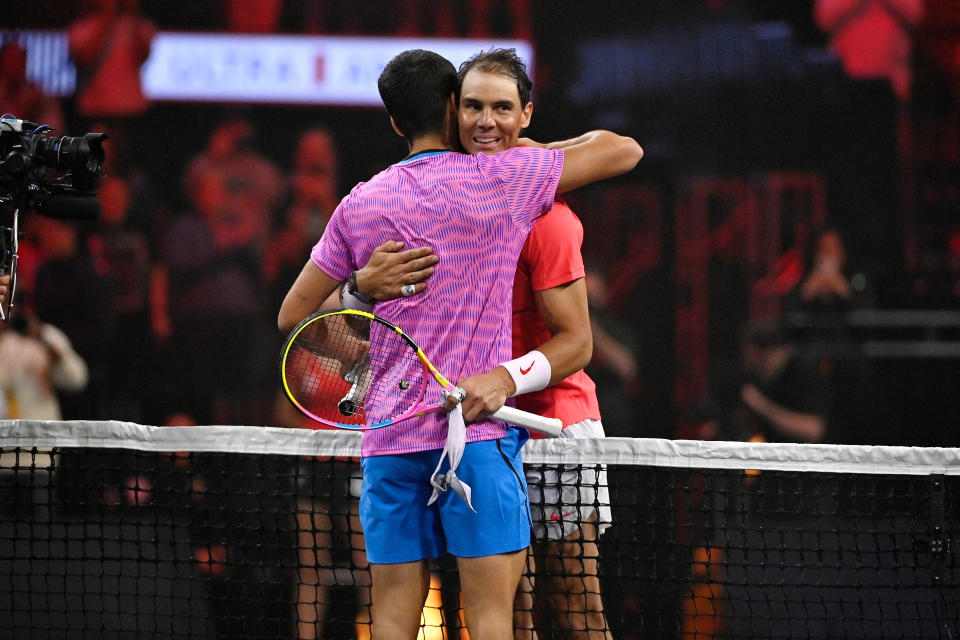 LAS VEGAS, NEVADA - MARCH 03: Rafael Nadal (R) congratulates Carlos Alcaraz after winning The Netflix Slam, a live Netflix Sports event at the MGM Resorts | Michelob Ultra Arena on March 03, 2024 in Las Vegas, Nevada. (Photo by David Becker/Getty Images for Netflix © 2024)