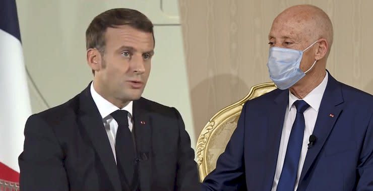 法國總統馬克宏(Emmanuel Macron)與突尼西亞總統薩伊德(Kais Saied)10月31日通電。(合成圖/AFP)