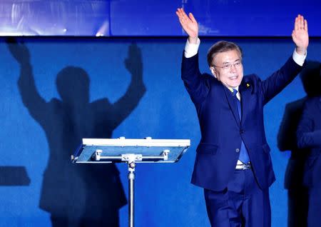 South Korea's president-elect Moon Jae-in thanks supporters at Gwanghwamun Square in Seoul, South Korea, May 9, 2017. REUTERS/Kim Kyung-Hoon