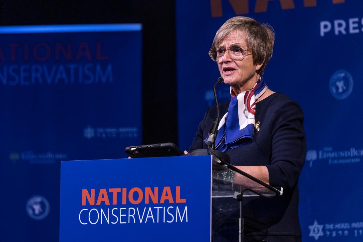 <span>Gloria von Thurn und Taxis speaks at the National Conservatism Conference in Brussels, Belgium, on 17 April 2024.</span><span>Photograph: Omar Havana/Getty Images</span>