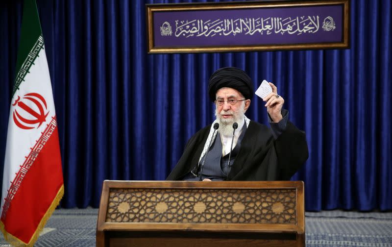 Iran's Supreme Leader Ayatollah Ali Khamenei delivers a televised speech, in Tehran