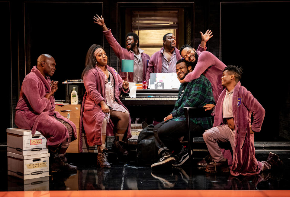 This image released by Polk & Co. shows, from left, James Jackson, Jr., L. Morgan Lee, Antwayn Hopper, John-Andrew Morrison, Jaquel Spivey, Jason Veasey and John-Michael Lyles during a performance of "A Strange Loop." (Marc J. Franklin/Polk & Co. via AP)