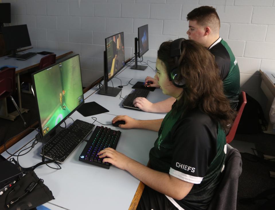 Antonio Goncalves and teammate Michael Coolican play Knockout City as part of the Hopatcong High School esports team during an online competition from their school in Hopatcong, NJ on March 23, 2023.