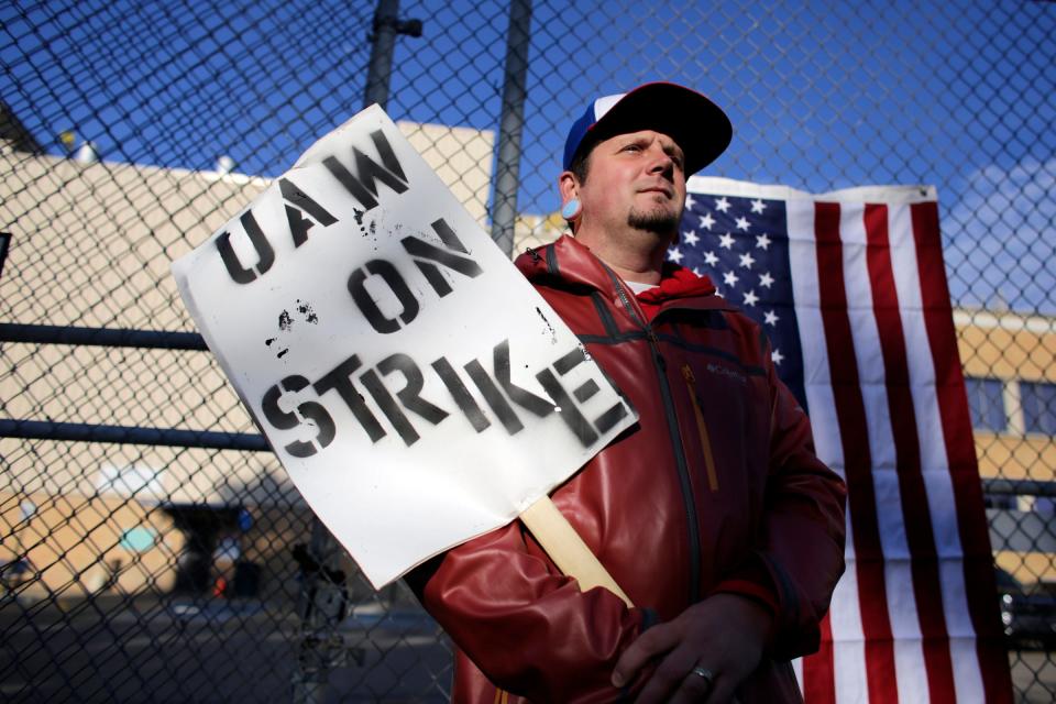 Justin McCauley, 36, of Saginaw is a temporary worker with three years experience working atthe General Motors Flint assembly plant, where he know strikes on the fourth day of the nationwide strike of UAW strike against General Motors after stalled contract talks in Flint, Mich. on Thursday, Sept. 19, 2019. 