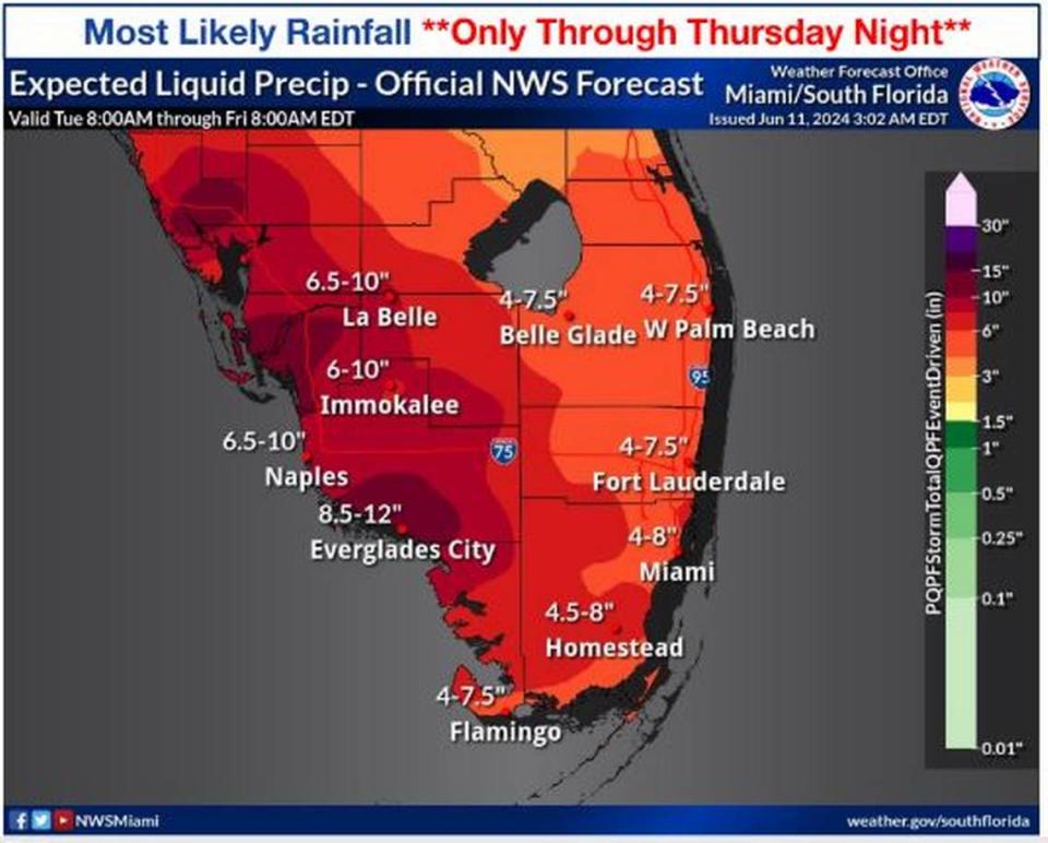 Miami could see 4 to 8 inches of rain through Thursday as a tropical disturbance crosses the state.