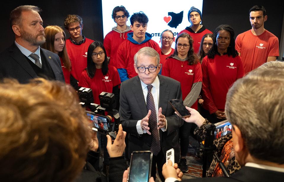 Oct 30, 2023; Dublin, Ohio, US; Ohio Governor Mike DeWine takes questions from the press after speaking with students from Franciscan University and other volunteers during a meeting at the Doubletree Hilton in Dublin. The event, organized by Protect Women Ohio Action Inc., a committee associated with the anti-abortion group Susan B. Anthony Pro-Life America, hosted DeWine and Ohio Attorney General Dave Yost to meet with the students and other volunteers in an effort to “Rally the troops” before they head out to canvass local neighborhoods in opposition of Issue One.